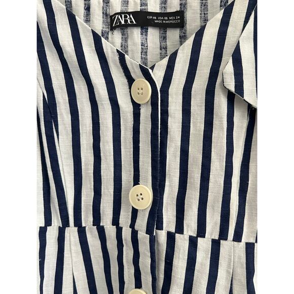 Zara Blue White Striped Cold Shoulder Button Up Linen Blend Sundress Womens XS - Picture 10 of 16